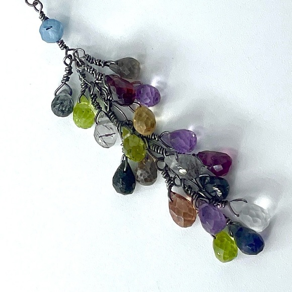 Aquamarine Y Necklace, Oxidized Sterling Silver Wire Wrapped Necklace - Picture 4 of 5